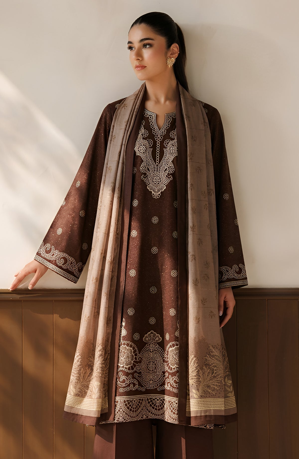 Afreen by Amna Khadija Embroidered Chamki Unstitched 3 Piece Suit - D-04 - AM26FRN - Brown - Winter Collection