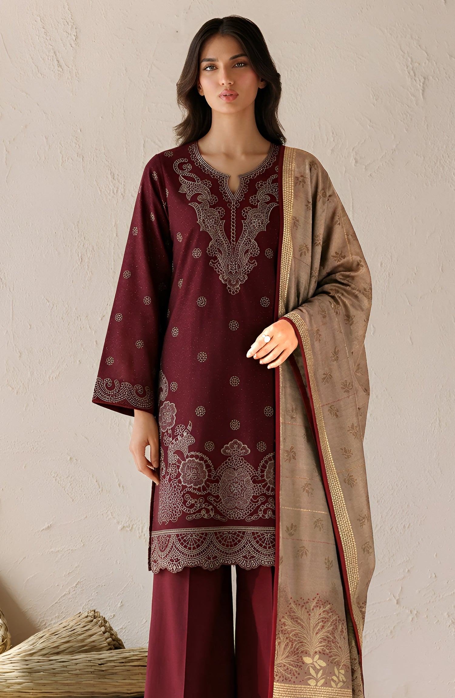 Afreen by Amna Khadija Embroidered Chamki Unstitched 3 Piece Suit - D-06 - AM26FRN - Maroon - Winter Collection