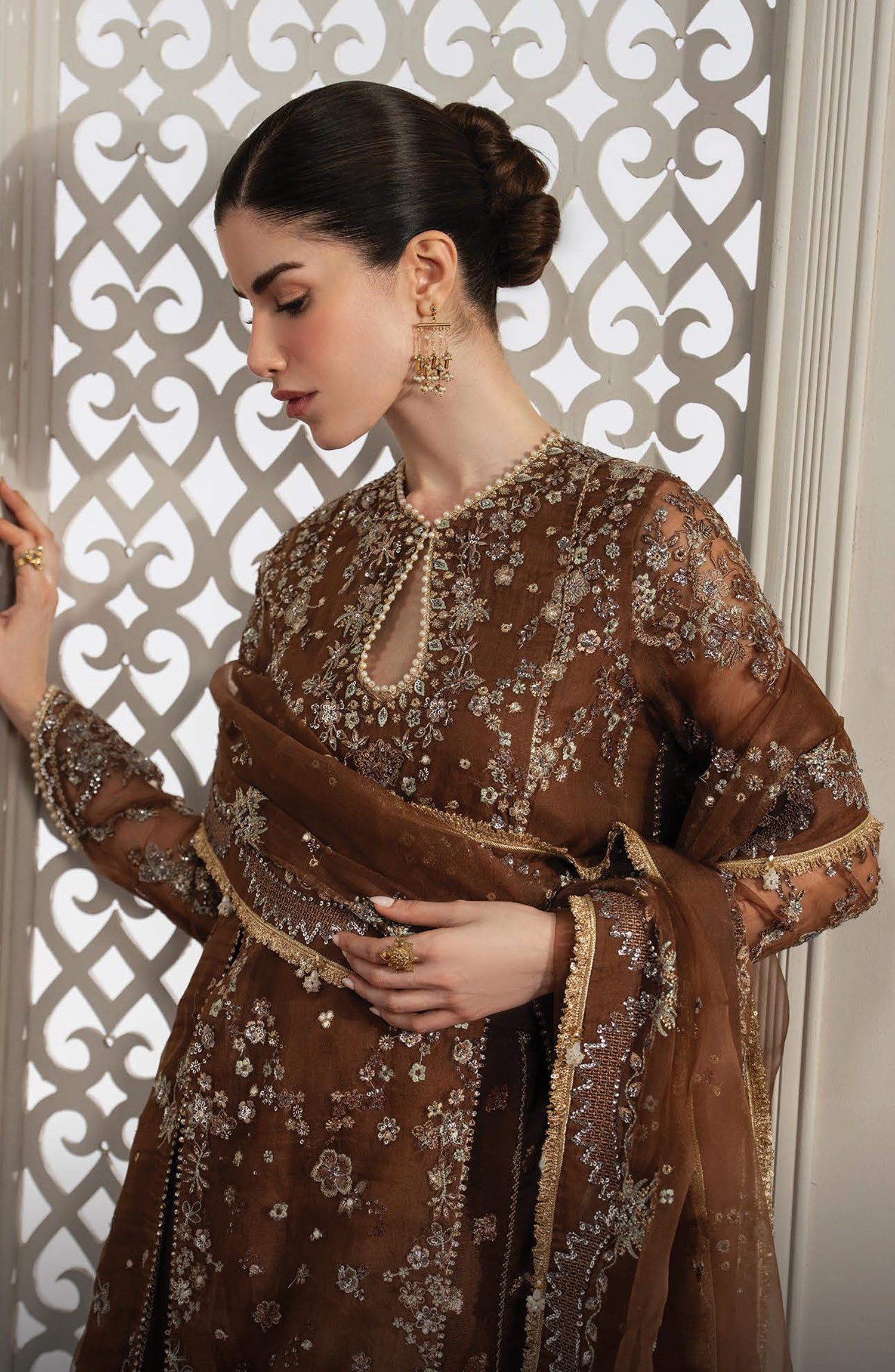 Afrozeh Aure Embroidered Organza Unstitched 3 Piece Suit - 07 Isadora - AF26AUR - Brown - Formals Collection