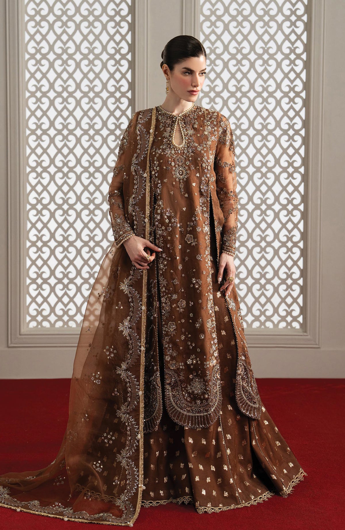 Afrozeh Aure Embroidered Organza Unstitched 3 Piece Suit - 07 Isadora - AF26AUR - Brown - Formals Collection