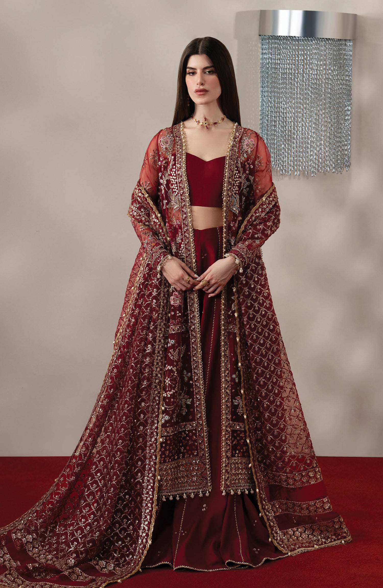 Afrozeh Aure Embroidered Organza Unstitched 3 Piece Suit - 08 Florentine - AF26AUR - Red - Formals Collection
