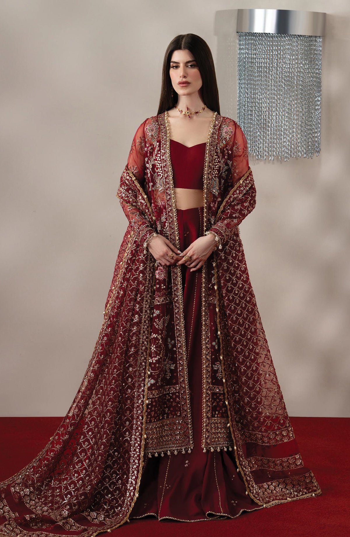 Afrozeh Aure Embroidered Organza Unstitched 3 Piece Suit - 08 Florentine - AF26AUR - Red - Formals Collection