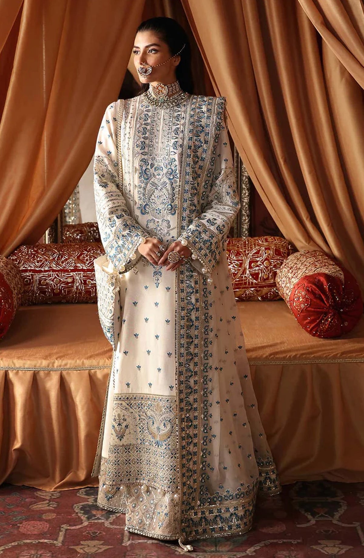 Afrozeh La Fuchsia Luxury Embroidered Raw Silk Unstitched 3 Piece Suit - Chandani - AF25LFU - White - Festive Collection