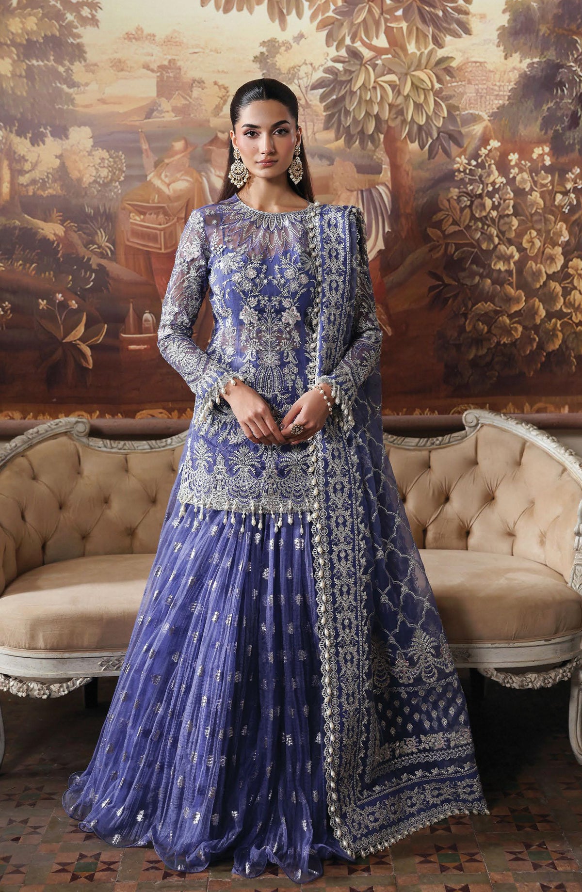Afrozeh Dastan Goyi Embroidered Organza Unstitched 3 Piece Suit - Bloom Veil AWS-09 - AF25AWS - Blue - Wedding Collection