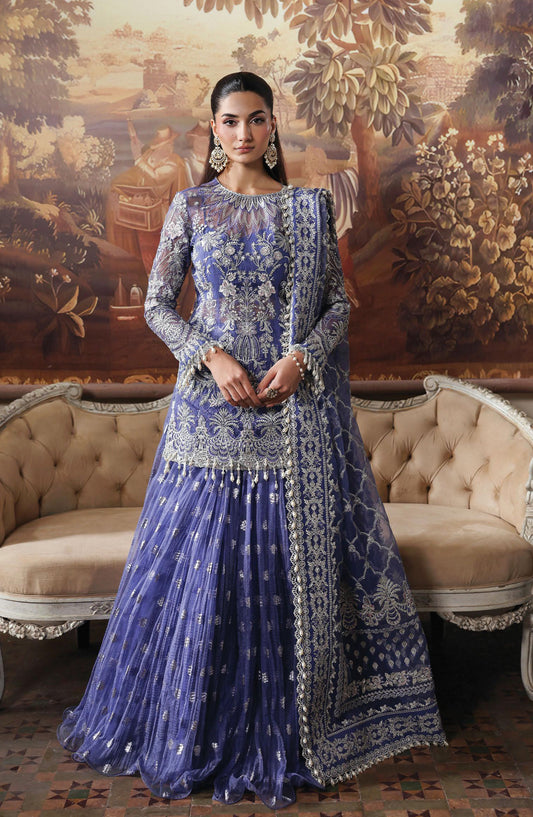 Afrozeh Dastan Goyi Embroidered Organza Unstitched 3 Piece Suit - Bloom Veil AWS-09 - AF25AWS - Blue - Wedding Collection