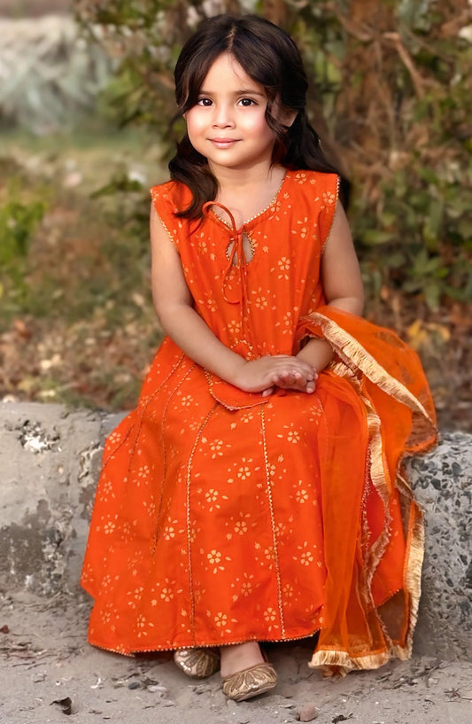Modest Cotton Stitched 3 Piece Suit - 9730-Org Citrus Splash - MOD25PRF - Orange - Festive Girls Collection