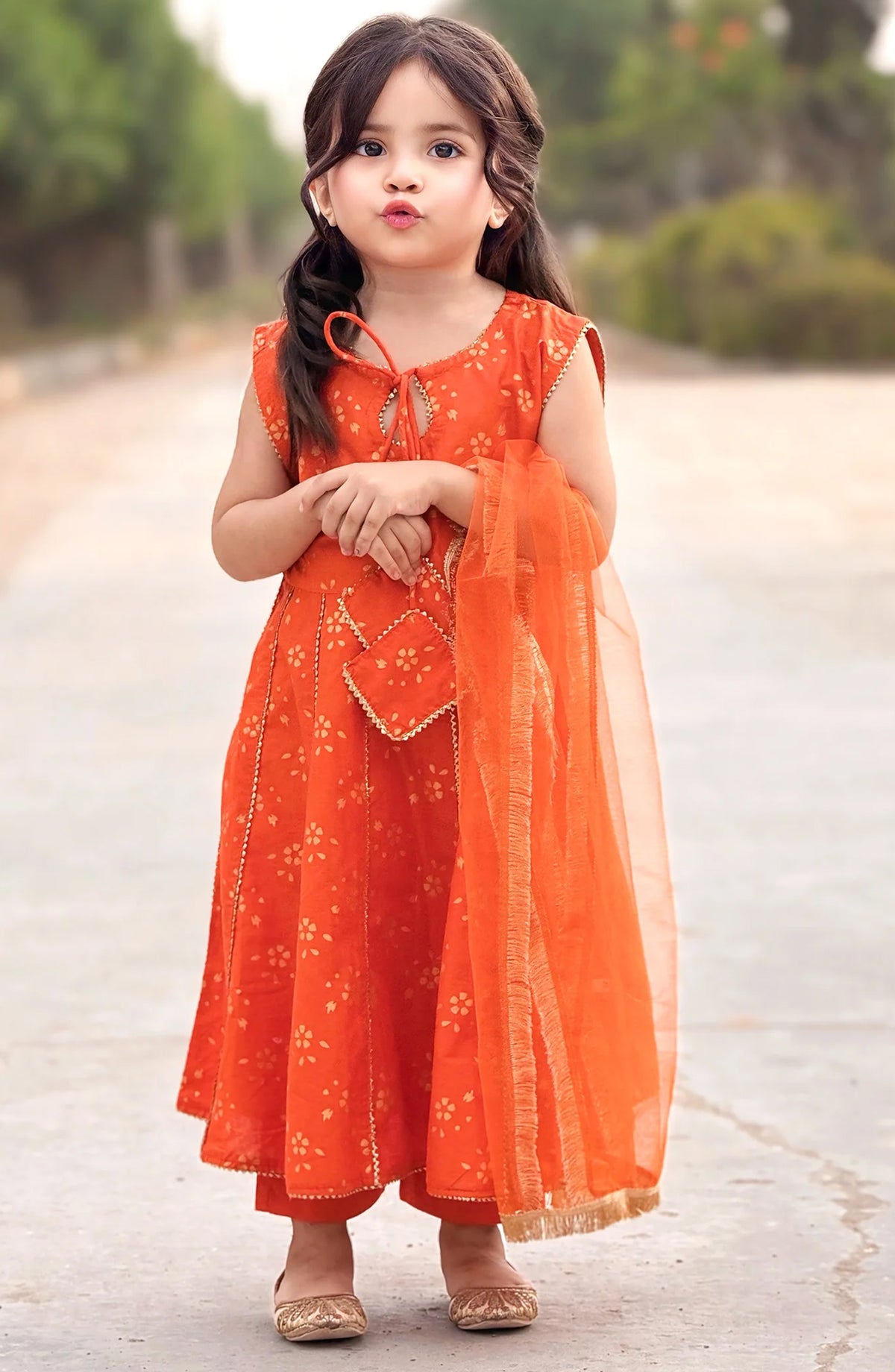 Modest Cotton Stitched 3 Piece Suit - 9730-Org Citrus Splash - MOD25PRF - Orange - Festive Girls Collection