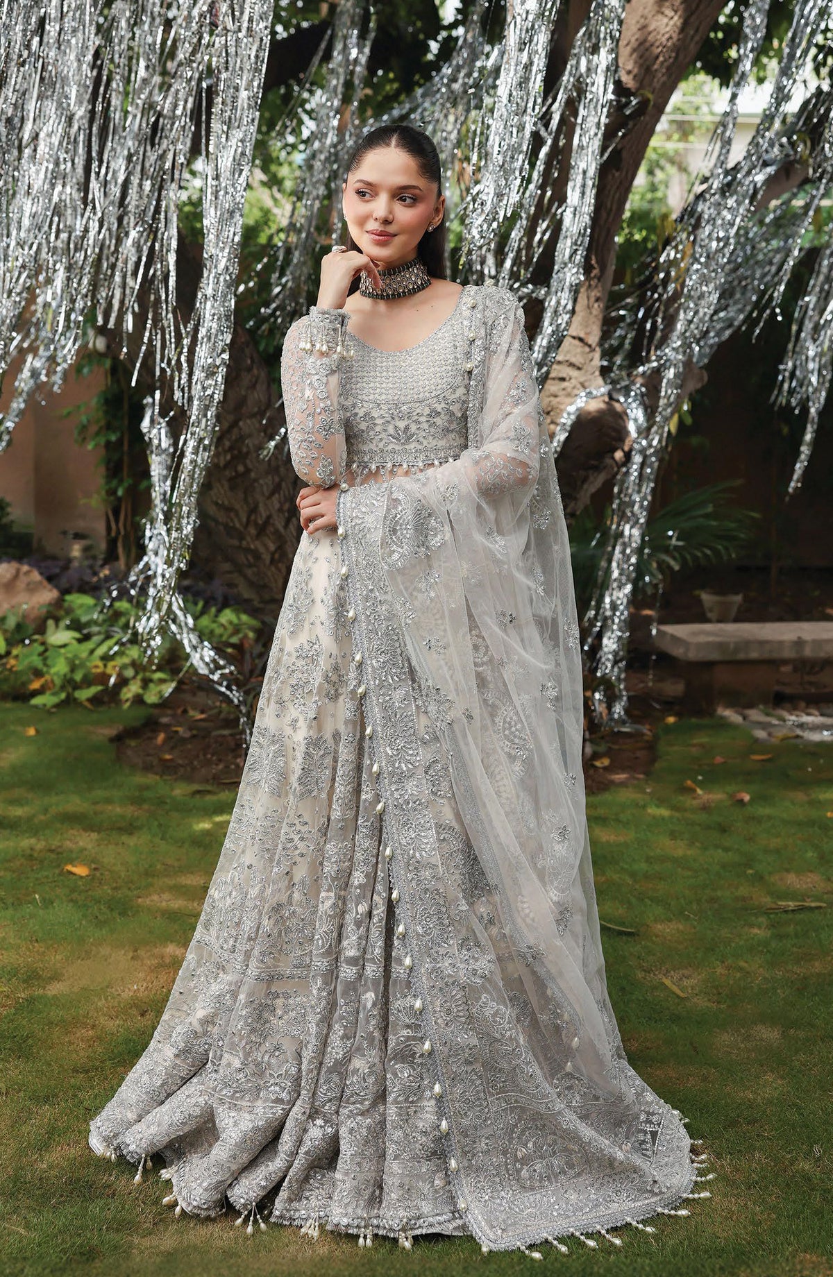 Afrozeh Dastan Goyi Embroidered Net Unstitched 3 Piece Suit - Twilune AWS-06 - AF25AWS - Silver - Wedding Collection