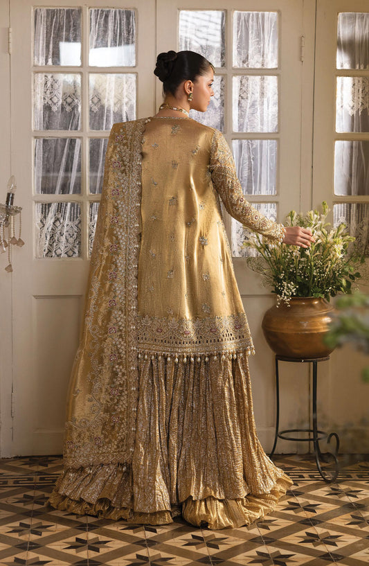 Afrozeh Dastan Goyi Embroidered Tissue Zari Unstitched 3 Piece Suit - Gold Veil AWS-03 - AF25AWS - Golden - Wedding Collection