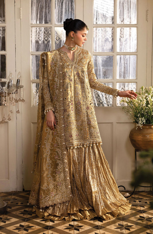 Afrozeh Dastan Goyi Embroidered Tissue Zari Unstitched 3 Piece Suit - Gold Veil AWS-03 - AF25AWS - Golden - Wedding Collection