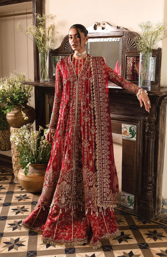 Afrozeh Dastan Goyi Embroidered Organza Unstitched 3 Piece Suit - Tea Rose AWS-02 - AF25AWS - Red - Wedding Collection