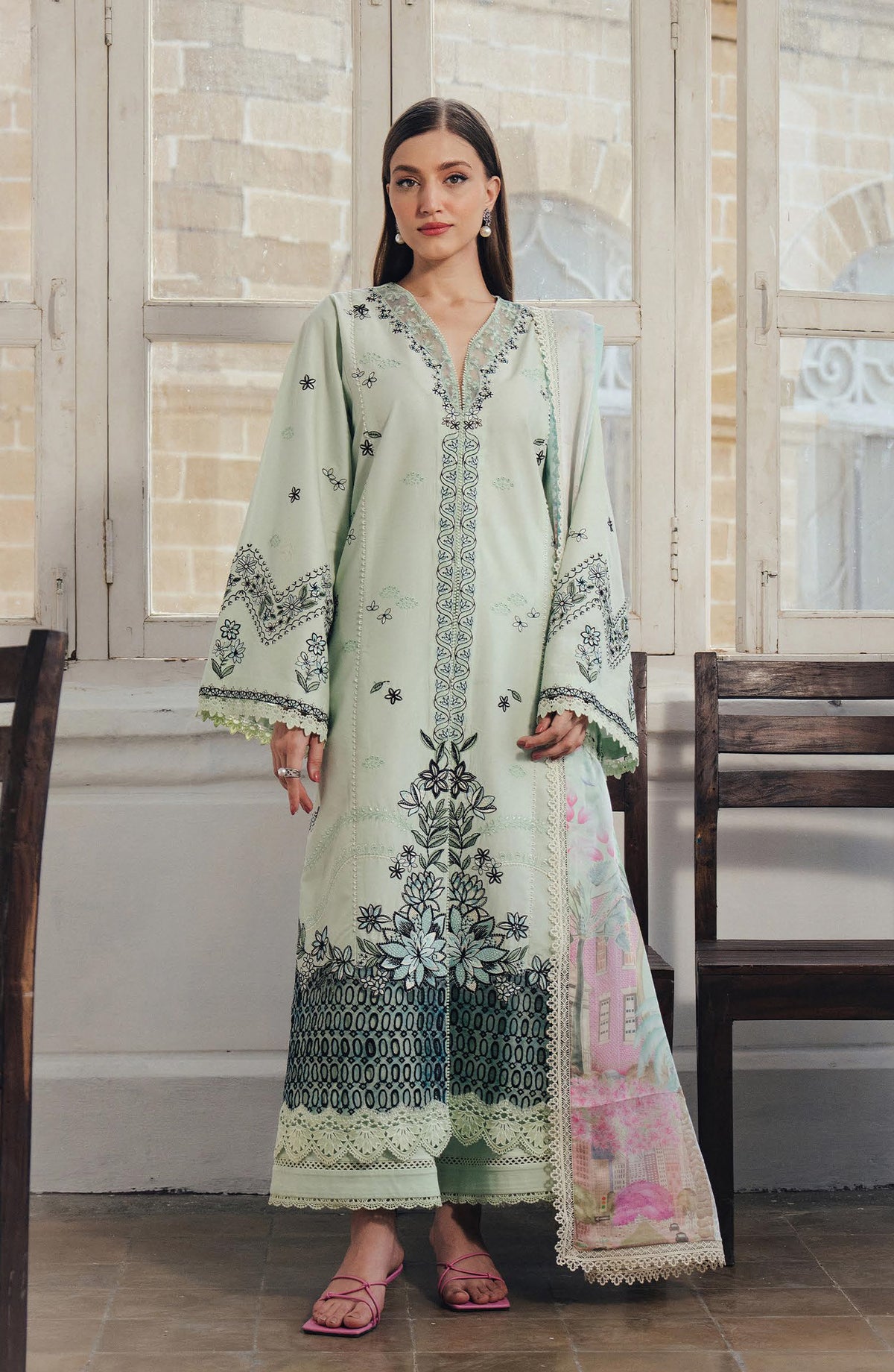 Afrozeh Day Break Embroidered Lawn Unstitched 3 Piece Suit - FWU-0020-3PO-Dewlit - AF26DB - Green - Luxury Summer Collection
