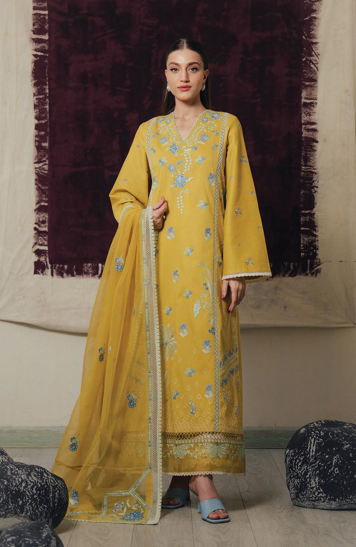 Afrozeh Day Break Embroidered Lawn Unstitched 3 Piece Suit - FWU-0019-3PO-Sun Haze - AF26DB - Yellow - Luxury Summer Collection