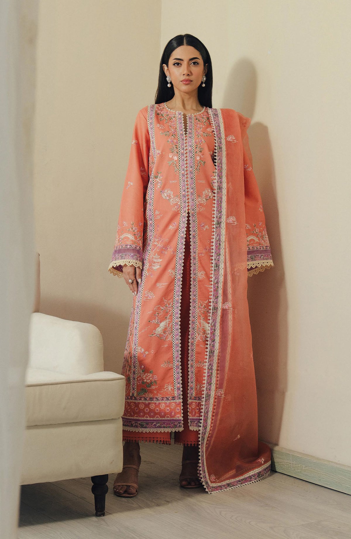 Afrozeh Day Break Embroidered Lawn Unstitched 3 Piece Suit - FWU-0018-3PO-Sky Hush - AF26DB - Peach - Luxury Summer Collection