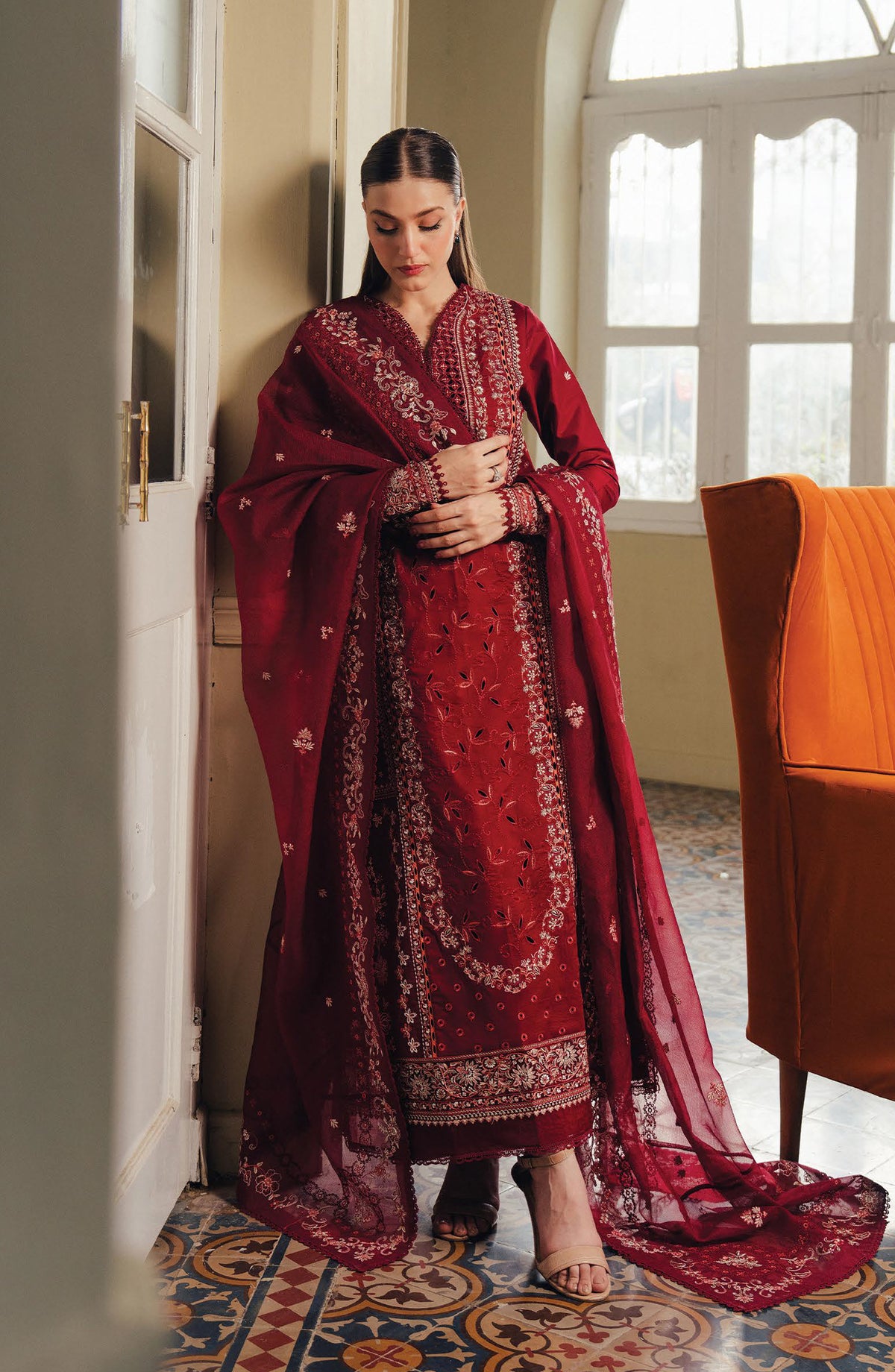 Afrozeh Day Break Embroidered Lawn Unstitched 3 Piece Suit - FWU-0017-3PO-Sun Drown - AF26DB - Maroon - Luxury Summer Collection