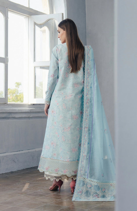 Afrozeh Day Break Embroidered Lawn Unstitched 3 Piece Suit - FWU-0013-3PO-Dawn Fall - AF26DB - Blue - Luxury Summer Collection