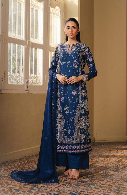 Afrozeh Day Break Embroidered Lawn Unstitched 3 Piece Suit - FWU-0011-3PO-Duskmelt - AF26DB - Blue - Luxury Summer Collection