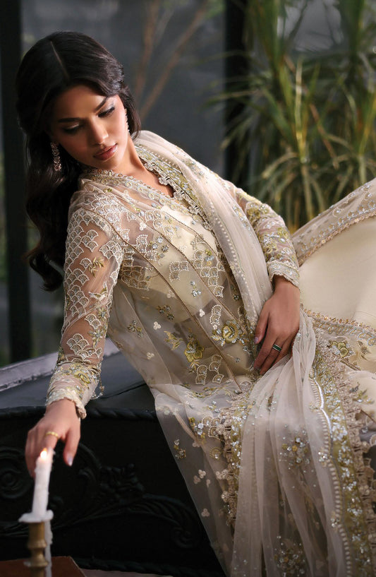 Afrozeh La Fuchsia Luxury Embroidered Net Unstitched 3 Piece Suit - Fleurie - AF25LFU - Fawn - Festive Collection