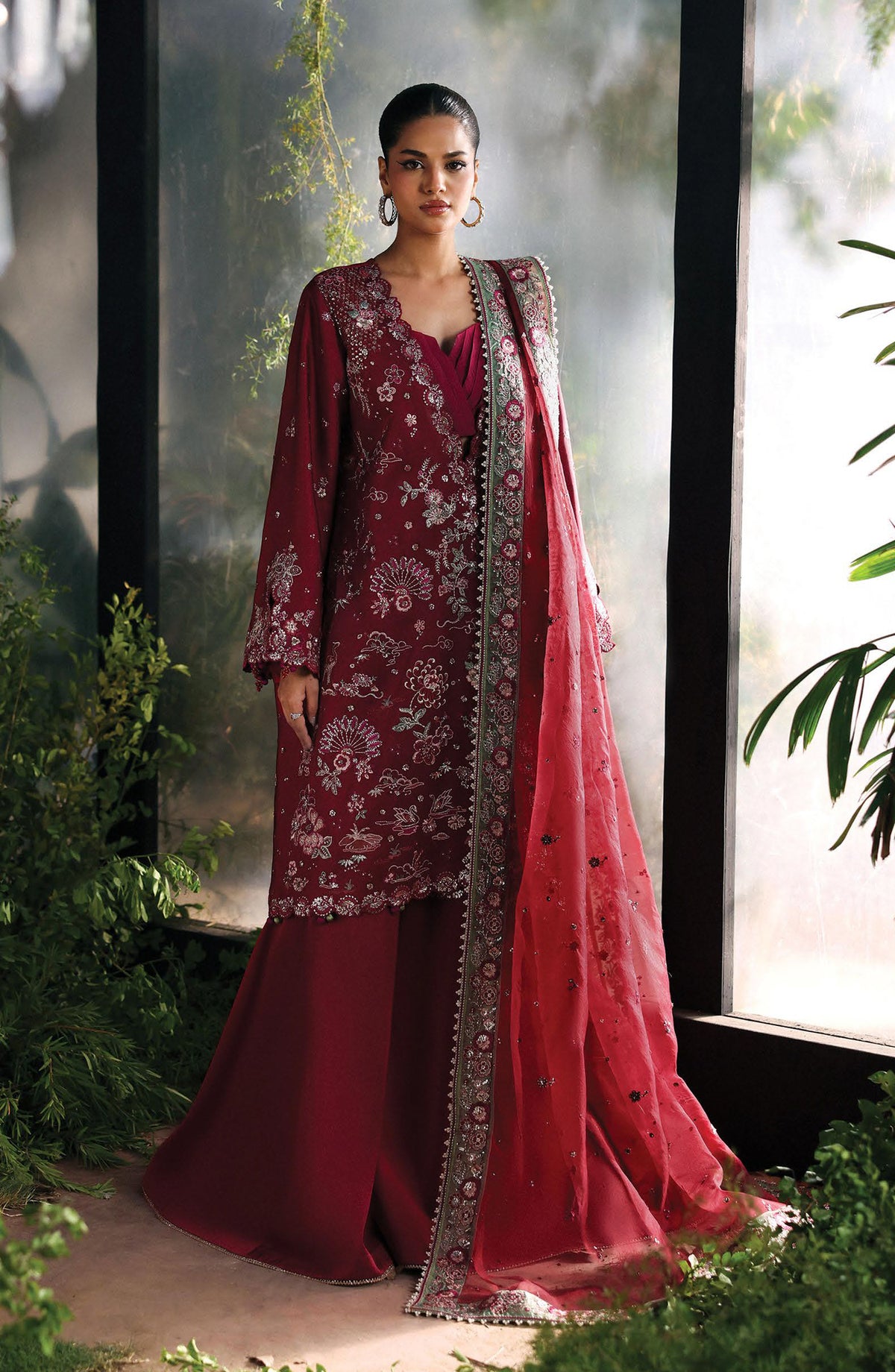 Afrozeh La Fuchsia Luxury Embroidered Net Unstitched 3 Piece Suit - Yalira - AF25LFU - Red - Festive Collection