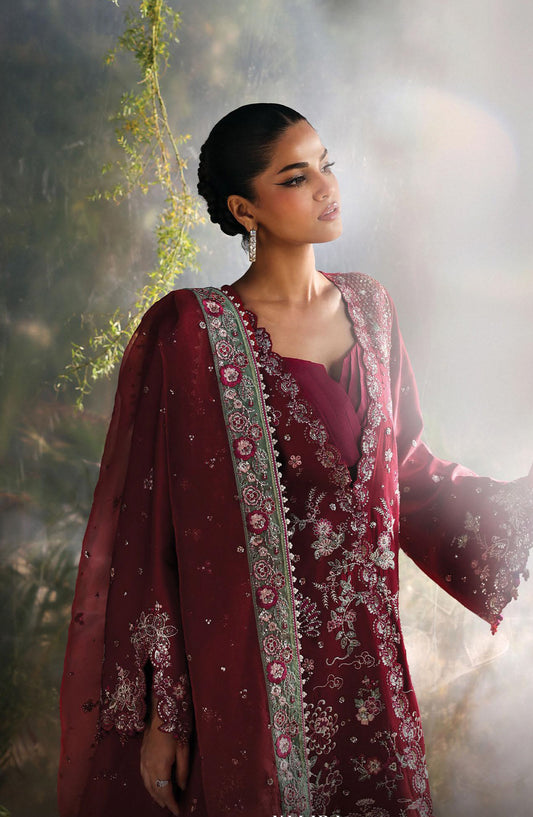 Afrozeh La Fuchsia Luxury Embroidered Net Unstitched 3 Piece Suit - Yalira - AF25LFU - Red - Festive Collection