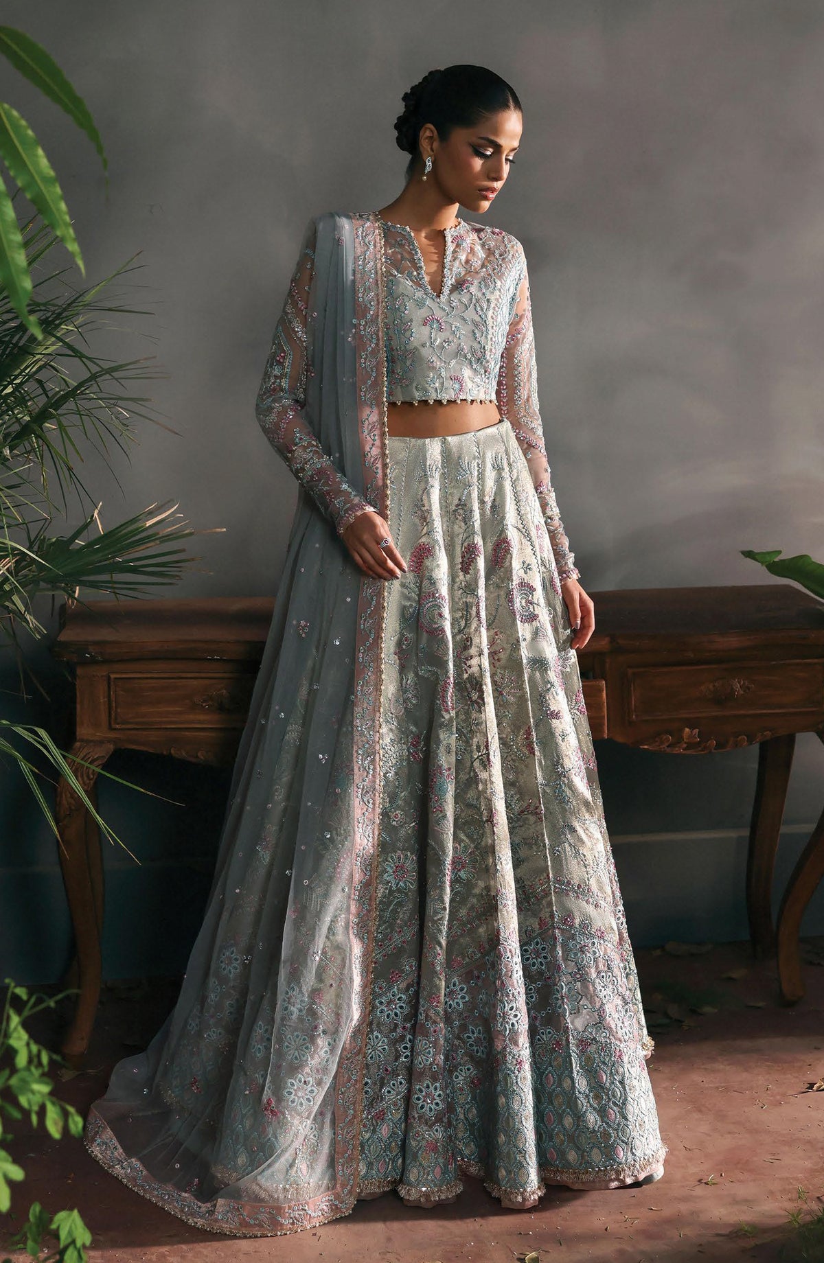 Afrozeh La Fuchsia Luxury Embroidered Net Unstitched 3 Piece Suit - Elanora - AF25LFU - Blue - Festive Collection