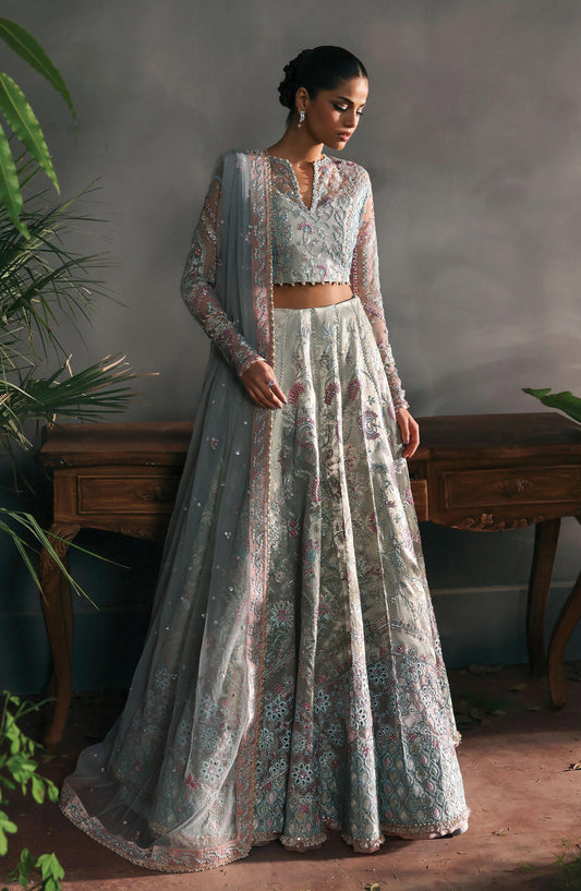 Afrozeh La Fuchsia Luxury Embroidered Net Unstitched 3 Piece Suit - Elanora - AF25LFU - Blue - Festive Collection