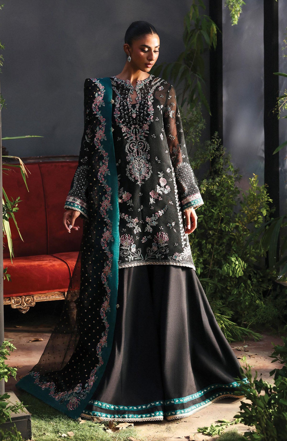 Afrozeh La Fuchsia Luxury Embroidered Net Unstitched 3 Piece Suit - Larosea - AF25LFU - Black - Festive Collection