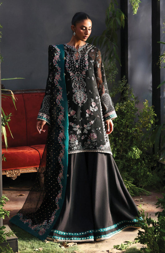 Afrozeh La Fuchsia Luxury Embroidered Net Unstitched 3 Piece Suit - Larosea - AF25LFU - Black - Festive Collection