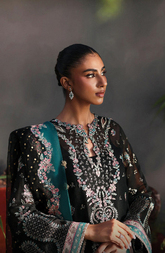 Afrozeh La Fuchsia Luxury Embroidered Net Unstitched 3 Piece Suit - Larosea - AF25LFU - Black - Festive Collection