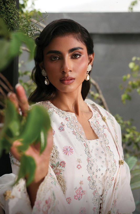Afrozeh La Fuchsia Luxury Embroidered Net Unstitched 3 Piece Suit - Rue - AF25LFU - White - Festive Collection