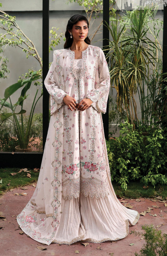 Afrozeh La Fuchsia Luxury Embroidered Net Unstitched 3 Piece Suit - Rue - AF25LFU - White - Festive Collection