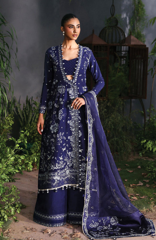 Afrozeh La Fuchsia Luxury Embroidered Net Unstitched 3 Piece Suit - Maison - AF25LFU - Blue - Festive Collection
