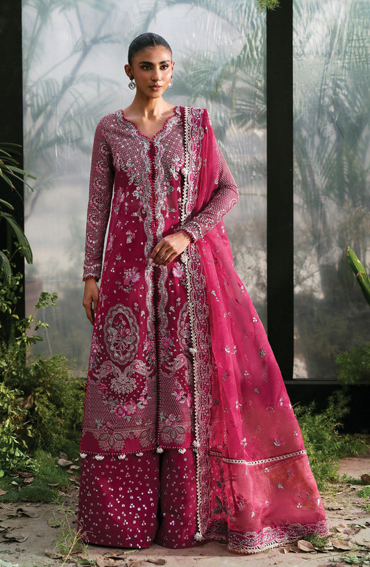 Afrozeh La Fuchsia Luxury Embroidered Net Unstitched 3 Piece Suit - Rowan - AF25LFU - Pink - Festive Collection