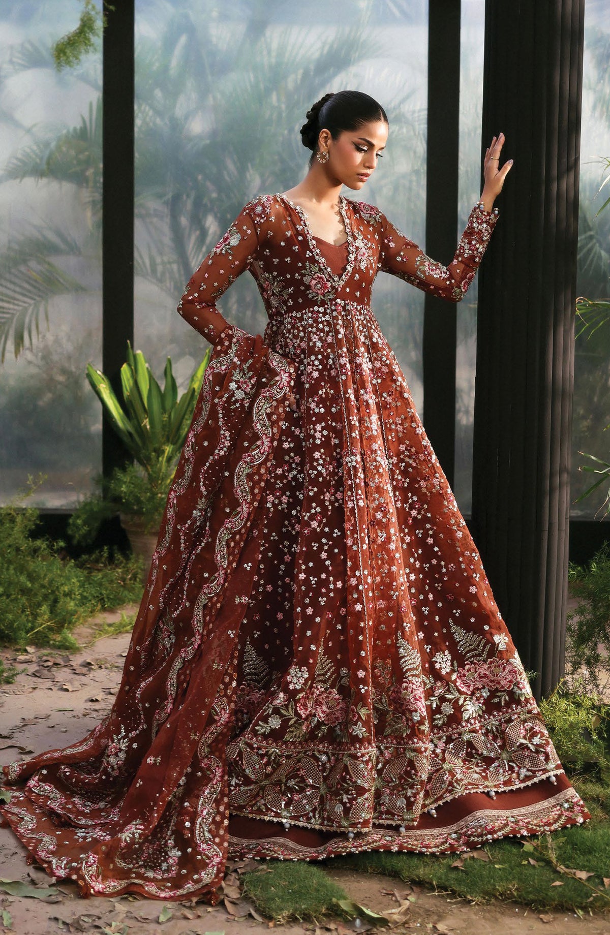 Afrozeh La Fuchsia Luxury Embroidered Net Unstitched 3 Piece Suit - Shale - AF25LFU - Brown - Festive Collection