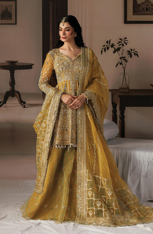 Afrozeh Shehnai Embroidered Organza Unstitched 3 Piece Suit - 09 Aylin - AFS26SHN - Mustard - Formal Collection