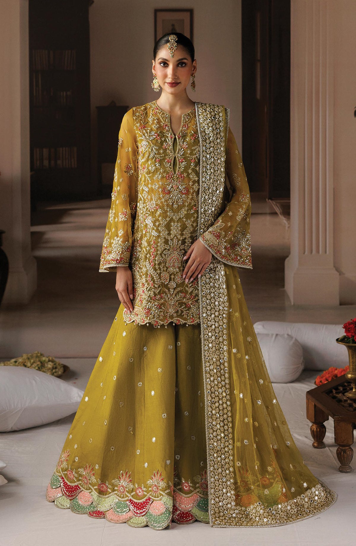 Afrozeh Shehnai Embroidered Organza Unstitched 3 Piece Suit - 02 Zarminay - AFS26SHN - Dhani - Formal Collection