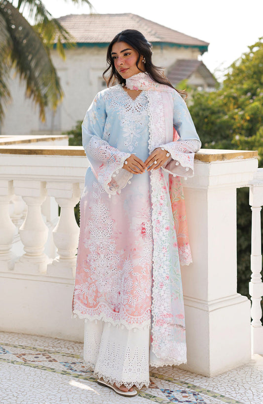 Afrozeh Summer Together Embroidered Lawn Unstitched 3 Piece Suit - FWU0009 Liloura - AF26SMT - Sky Blue - Luxury Collection