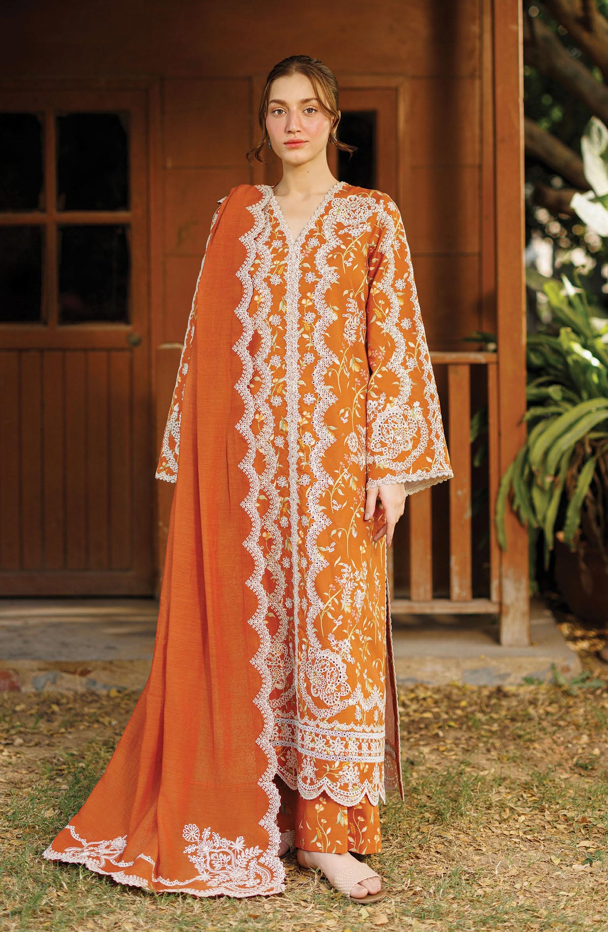 Afrozeh Summer Together Embroidered Lawn Unstitched 3 Piece Suit - FWU0005 Elyora - AF26SMT - Orange - Luxury Collection