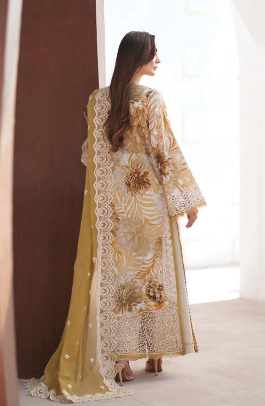 Afrozeh Sunspell Embroidered Lawn Unstitched 3 Piece Suit - Calyra - AF26SNS - Mustard - Summer Collection