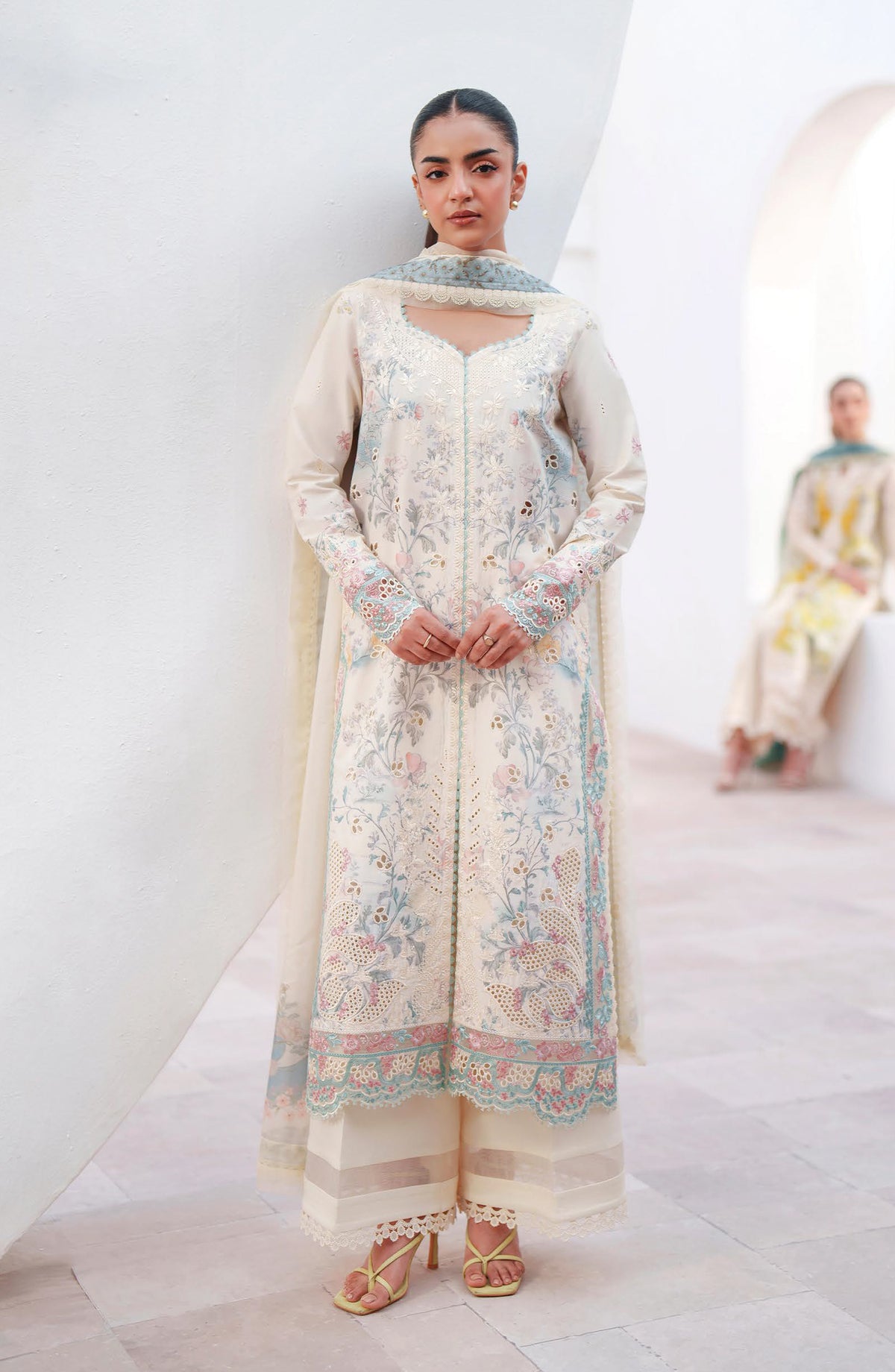 Afrozeh Sunspell Embroidered Lawn Unstitched 3 Piece Suit - Nurelle - AF26SNS - White - Summer Collection