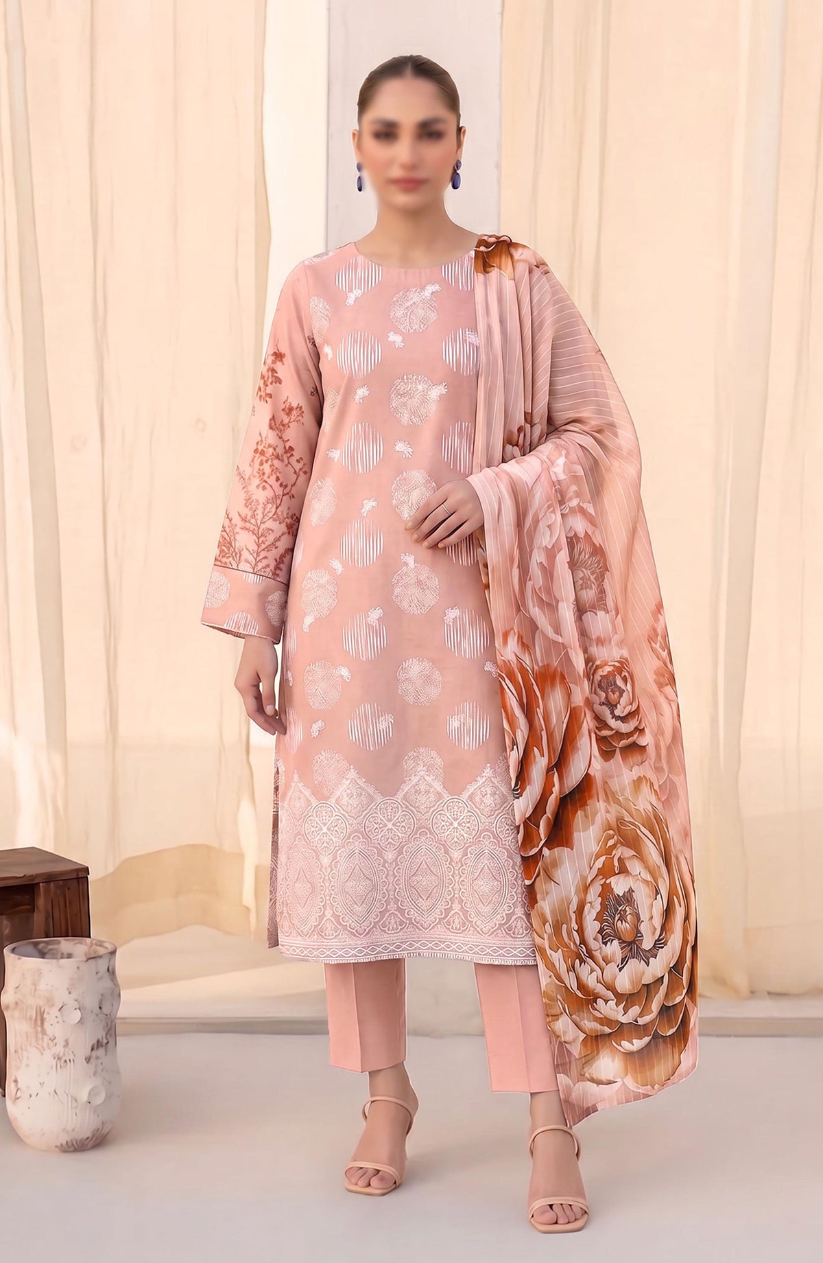 Afrozeh by Al Karim Embroidered Lawn Unstitched 3 Piece Suit - D-10 - AK26FRO - Peach - Summer Collection