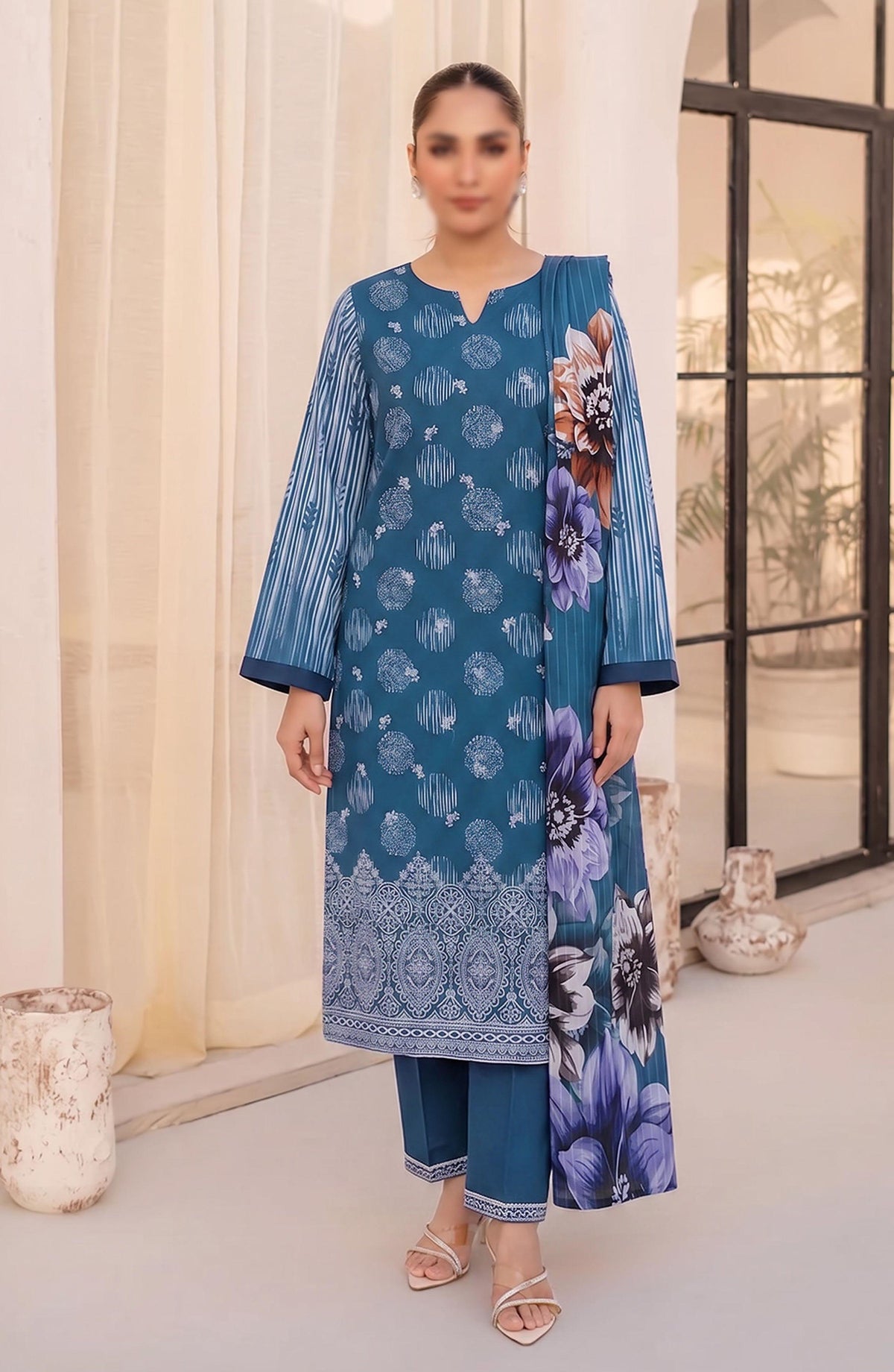 Afrozeh by Al Karim Embroidered Lawn Unstitched 3 Piece Suit - D-05 - AK26FRO - Blue - Summer Collection