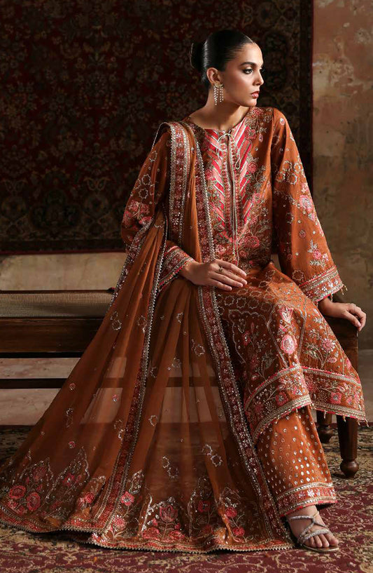 Afsana-e-Silk by Emaan Adeel Embroidered Raw Silk Unstitched 3 Piece Suit - AARZO - ED25AFS - Rust - Luxury Collection