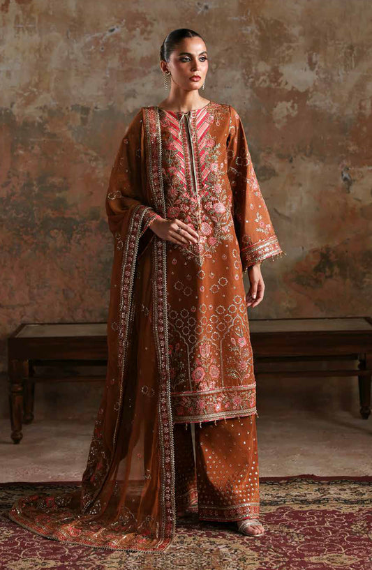 Afsana-e-Silk by Emaan Adeel Embroidered Raw Silk Unstitched 3 Piece Suit - AARZO - ED25AFS - Rust - Luxury Collection