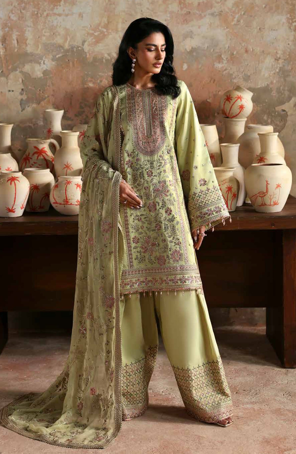 Afsana-e-Silk by Emaan Adeel Embroidered Raw Silk Unstitched 3 Piece Suit - ZAIB - ED25AFS - Pista Green - Luxury Collection