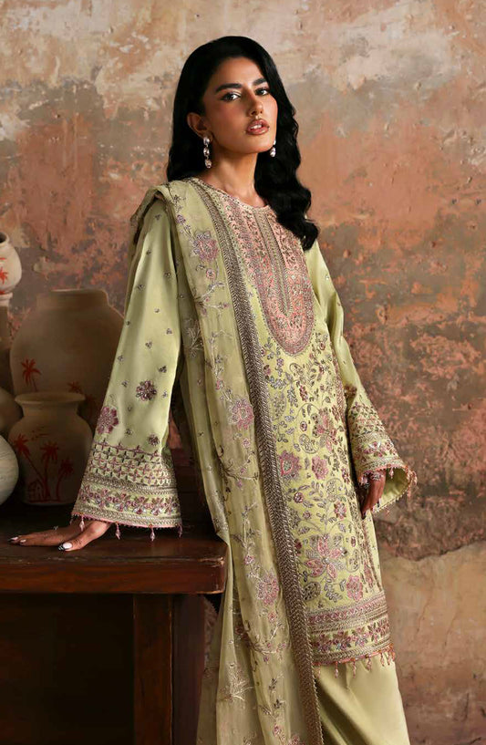 Afsana-e-Silk by Emaan Adeel Embroidered Raw Silk Unstitched 3 Piece Suit - ZAIB - ED25AFS - Pista Green - Luxury Collection