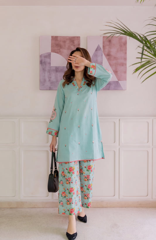 Afsana Basics by Amna Khadija Embroidered Lawn Stitched 2 Piece Co-ord Set - AKAB-06 - AM26FSNA - Blue - Summer Collection