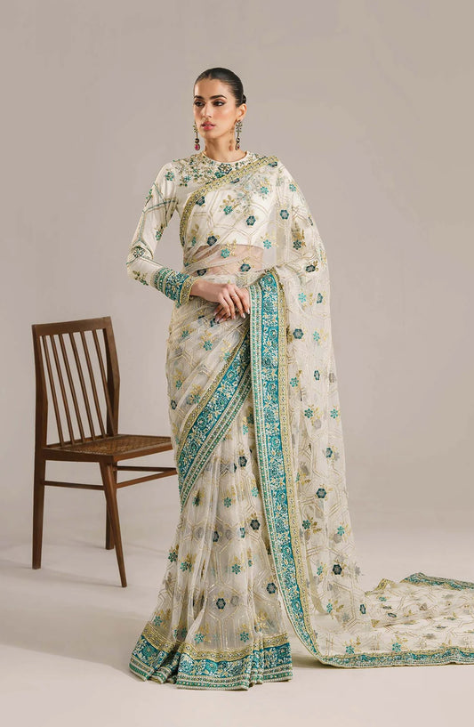 Afsana by Akbar Aslam Embroidered Raw Silk Unstitched Saree - Atika - AKA25AFS - Off White - Festive Collection