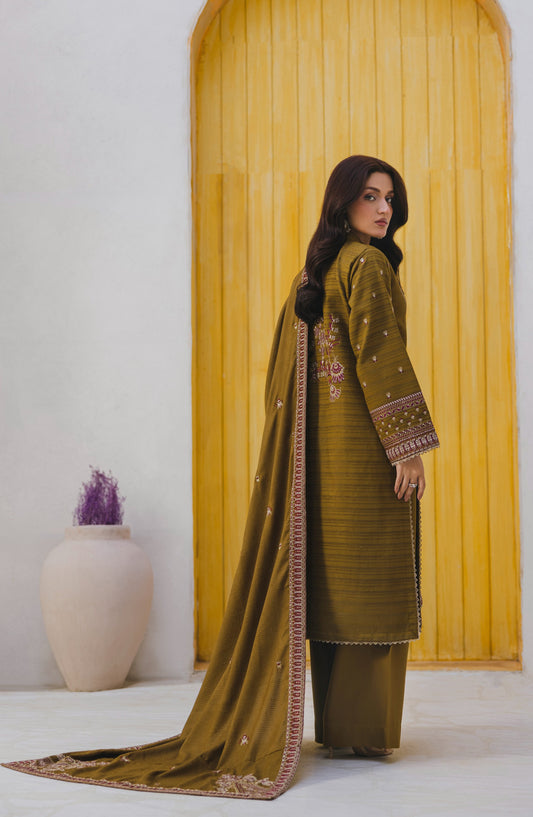 Afsana by Peridot Embroidered Dhanak Wool Unstitched 3 Piece Suit - 491-A - PT25AF - Mehndi - Winter Collection