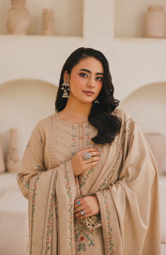 Afsana by Peridot Embroidered Khaddar Unstitched 3 Piece Suit - 488-A - PT25AF - Fawn - Winter Collection